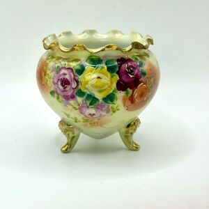 Elegant Roses Vintage Hand Painted Scalloped Gold Footed Fluted Pedestal Bowl